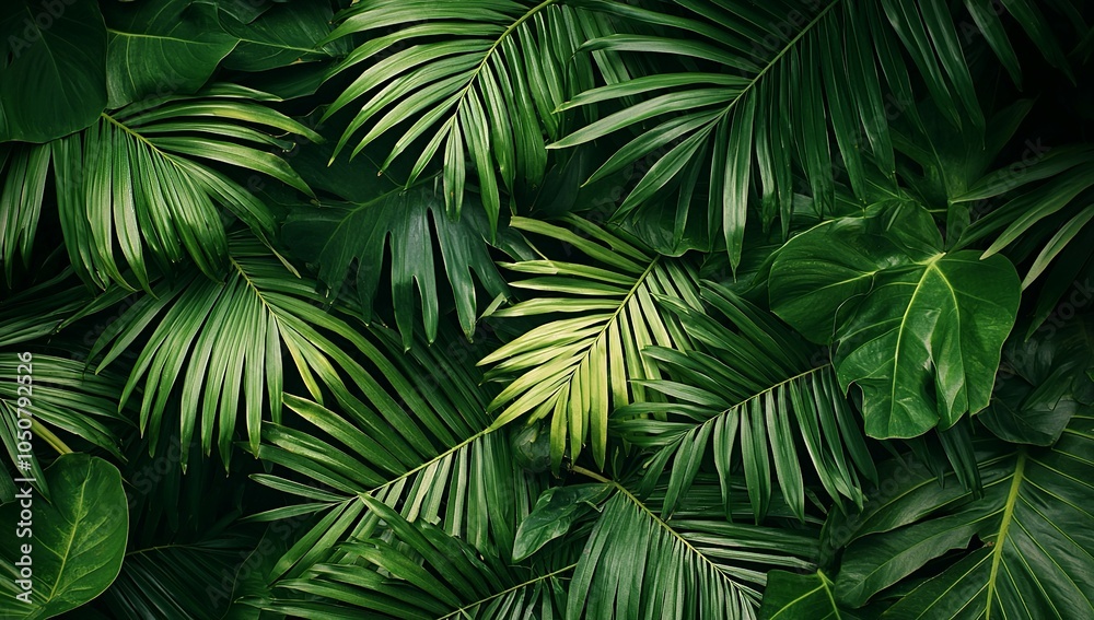 Dark green palm leaves in the jungle, tropical background, exotic vegetation... Dark green palm leaves in the jungle, tropical background, exotic vegetation...