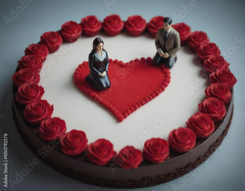 Torta decorata con figure in miniatura su cuore rosso. photo