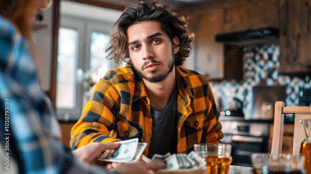 Obraz premium Young Caucasian man receiving money at home in a casual kitchen environment, wearing a plaid shirt.