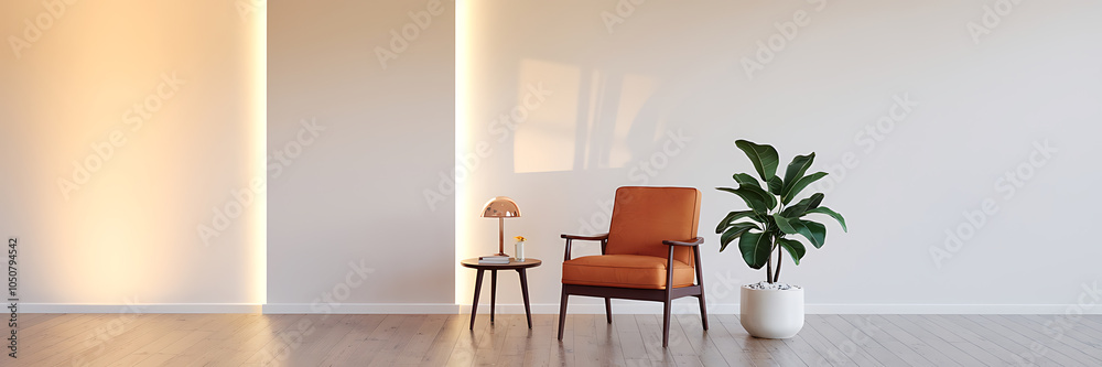 Fototapeta premium Minimalist living room interior design with orange chair and green plant Modern home decor and interior design inspiration