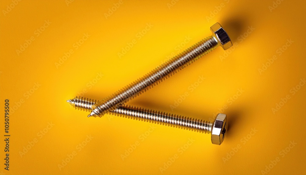 Close-Up of a Shiny Steel Screw with Threaded Detail on a Bold Yellow Background, Representing Strength, Precision, and Versatility in Construction, DIY Projects, and Industrial Design Concepts Close-Up of a Shiny Steel Screw with Threaded Detail on a Bold Yellow Background, Representing Strength, Precision, and Versatility in Construction, DIY Projects, and Industrial Design Concepts