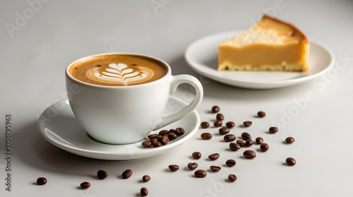 A mug of coffee with a pattern on the foam stands on a white table next to a cheesecake on a saucer. Coffee and dessert stand on a white table. photo