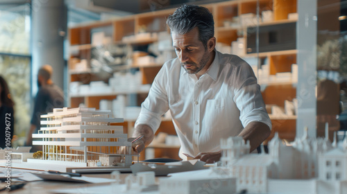 Architect Examining Building Scale Model in Modern Office Setting for Design and Innovation