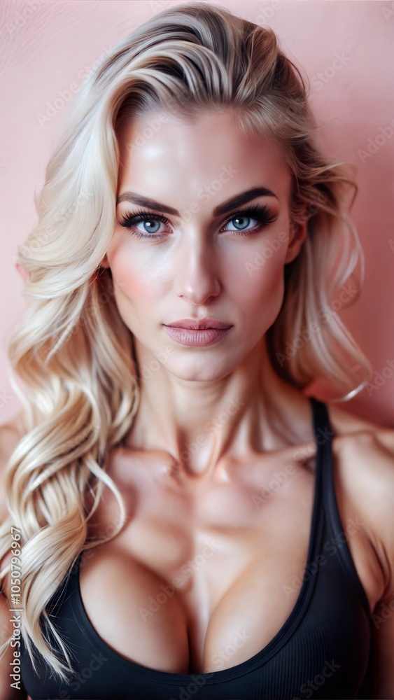 Naklejka premium This captivating individual exudes confidence, highlighting her toned physique and long blonde hair, perfectly complemented by a soft pink background. Generative AI