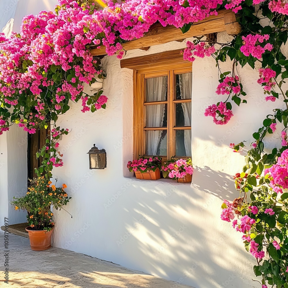 Fototapeta premium Cozy cottage with bright flowers climbing up the walls, sunlight streaming, fairytale setting