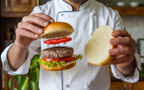 Chef preparing a juicy burger with red tomato and green lettuce a delicious meal for any occasion 