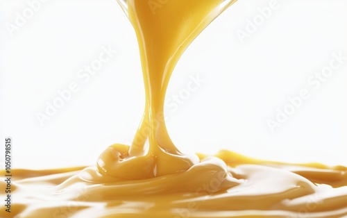 Close-up of yellow mustard sauce pouring from a glass jar, isolated perfect for food photography, culinary projects, and recipe visuals on a clean white background 