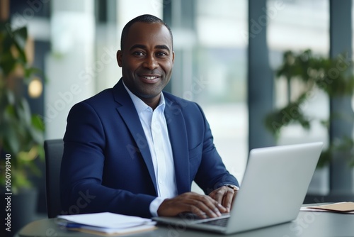 Black Business Professional Smiling at Work. Generative AI.