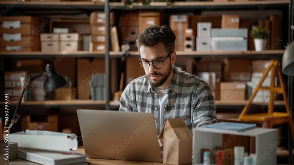 E-commerce Entrepreneur in Modern Office Managing Shipments for Online Business Success E-commerce Entrepreneur in Modern Office Managing Shipments for Online Business Success