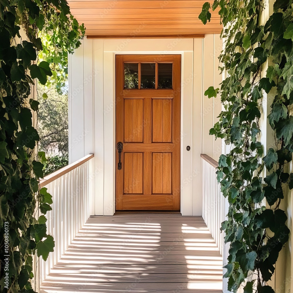Ivy framing a wooden door, sunlit porch, cozy and inviting feel Ivy framing a wooden door, sunlit porch, cozy and inviting feel