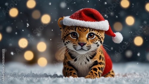 A cute leopard cub wearing a Santa hat in the snow, looking at the camera.