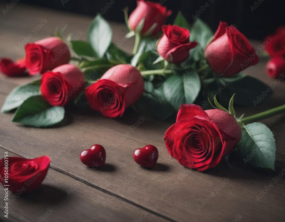 Rose rosse sparse su un tavolo con petali e cuori. Rose rosse sparse su un tavolo con petali e cuori.