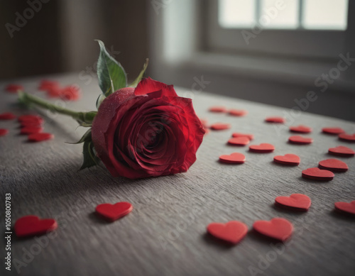 Rosa rossa singola con petali sparsi.