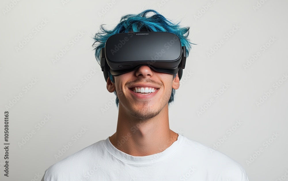 Smiling young pretty man with blue hair wearing a VR headset on a clean white background Smiling young pretty man with blue hair wearing a VR headset on a clean white background