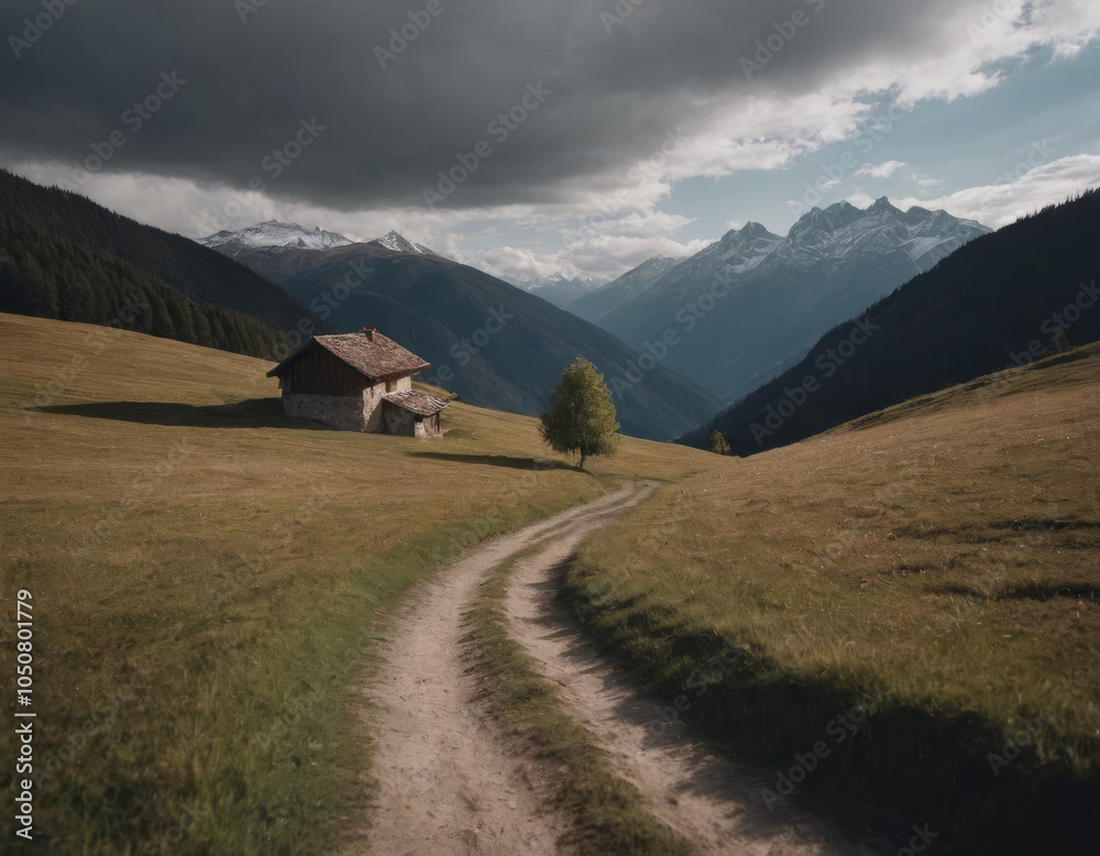 Pathway in a mountainous landscape with grassy fields and small rural houses. Pathway in a mountainous landscape with grassy fields and small rural houses.