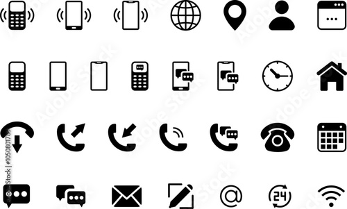 Contacts icon black and white. Vector set Home, Phone, e-mail,  message, internet, web,  pin, wi-fi  user, clock and other icons.