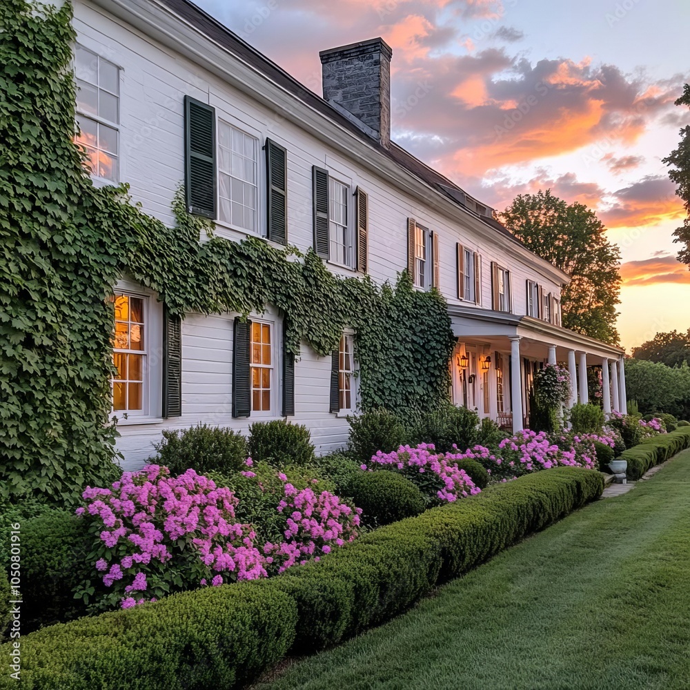 Ivy-covered country inn with flowering vines, inviting and charming, soft sunset light Ivy-covered country inn with flowering vines, inviting and charming, soft sunset light