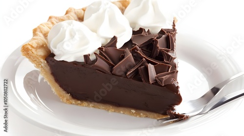 A slice of chocolate pie with whipped cream and chocolate shavings.
