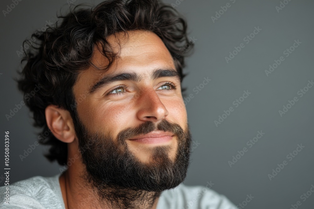 Bearded man looking away with a smile, Generative AI Bearded man looking away with a smile, Generative AI