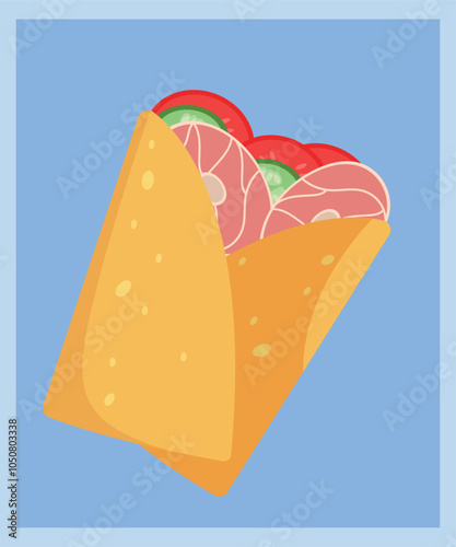 Flat Design Illustration with Lavash at Ham,Cucumber,Tomato