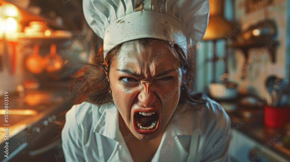 An angry female chef stares daggers at a burnt dish, ready to address the error with her staff. An angry female chef stares daggers at a burnt dish, ready to address the error with her staff.