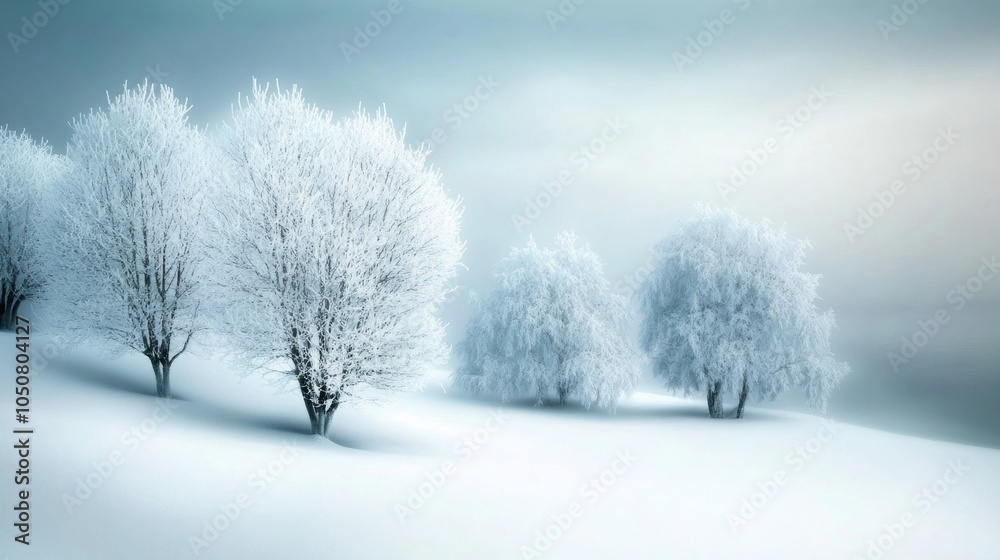 Snow-covered trees create a serene winter landscape under a soft, overcast sky, AI Snow-covered trees create a serene winter landscape under a soft, overcast sky, AI