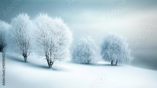 Snow-covered trees create a serene winter landscape under a soft, overcast sky, AI