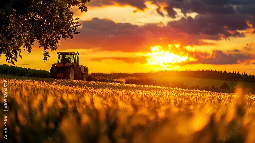 Fototapeta premium Tractor working in a golden field during a stunning sunset.