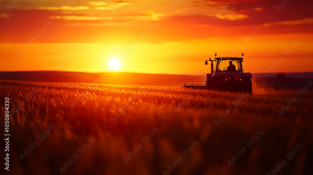 Fototapeta premium Tractor working in a golden field during a stunning sunset