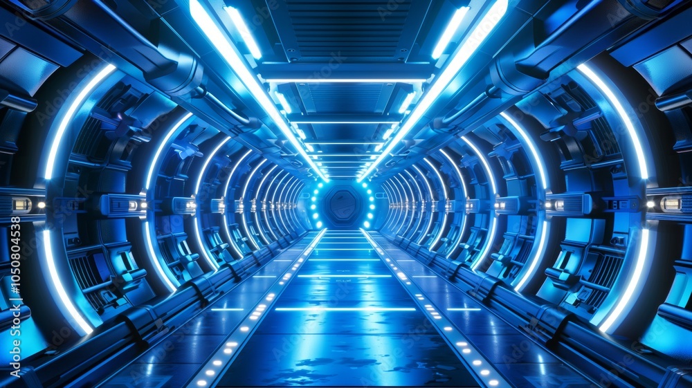 Futuristic corridor with metallic walls and blue glowing lights, creating a high-tech Futuristic corridor with metallic walls and blue glowing lights, creating a high-tech