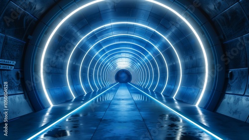 Futuristic corridor with metallic walls and blue glowing lights, creating a high-tech