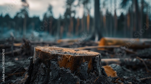 Wallpaper Mural Deforestation scene depicting tree stumps and logs in a forest, highlighting the effects of logging on nature and the environment Torontodigital.ca