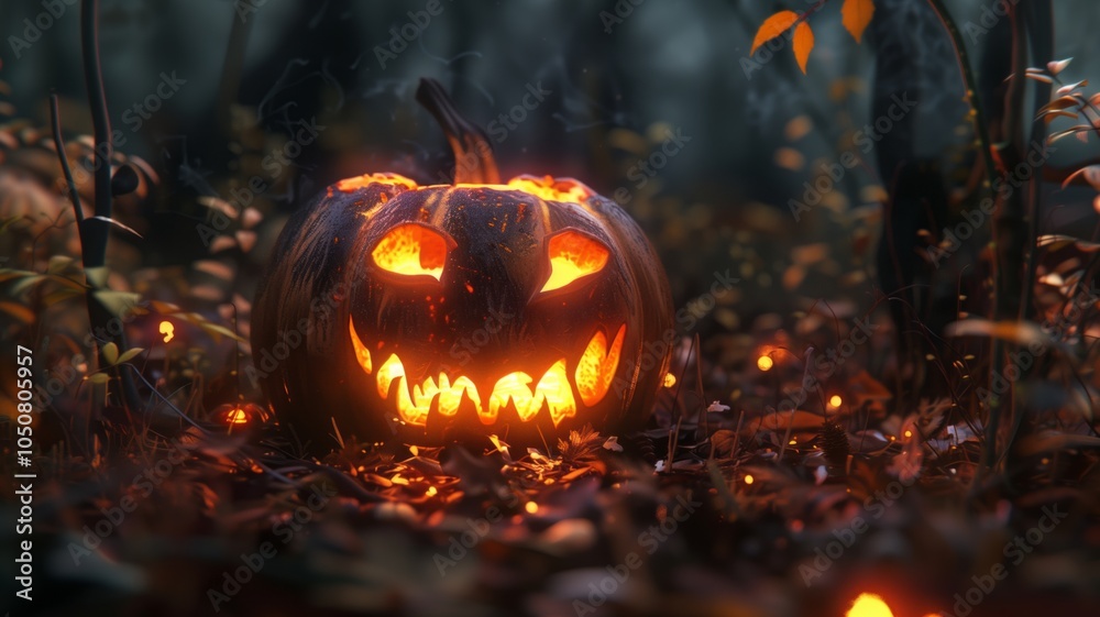 A haunting jack-o'-lantern with sharp, jagged features glows ominously in a dark forest A haunting jack-o'-lantern with sharp, jagged features glows ominously in a dark forest