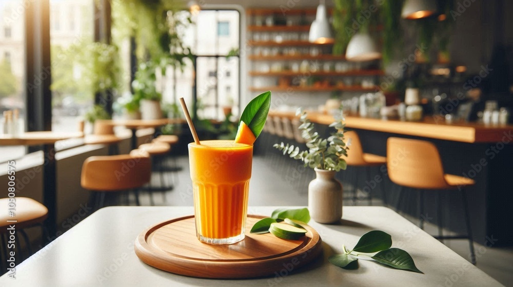 A vibrant, healthy orange smoothie on a minimalist table with greenery in the background, set in a trendy café with natural light and modern decor. Styled for menu photography, focusing on the drink’s A vibrant, healthy orange smoothie on a minimalist table with greenery in the background, set in a trendy café with natural light and modern decor. Styled for menu photography, focusing on the drink’s