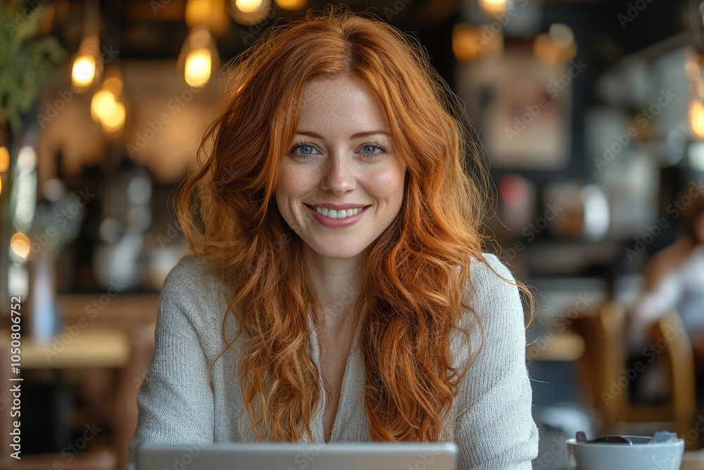 Ginger-haired businesswoman smiling during a productive online meeting at a cozy café, Generative AI