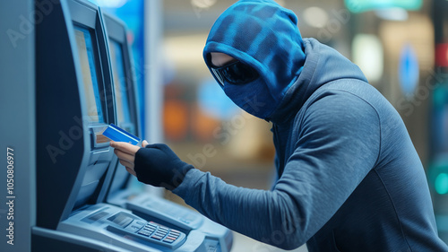 A hooded figure with sunglasses is at an automated teller machine. The person is engaged in a suspicious activity, likely using a stolen credit card.