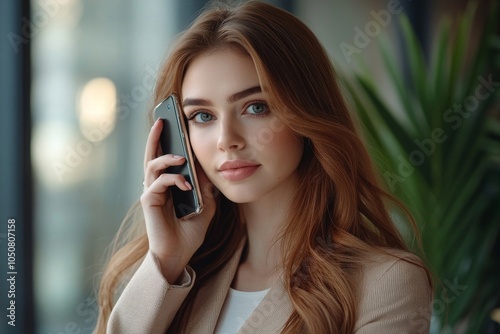 Calling clients on a mobile phone. Professional business woman talking on a phone call, Generative AI