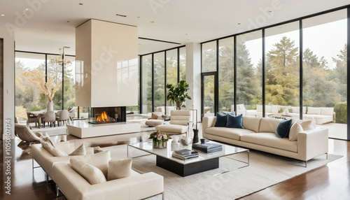 A luxurious, modern living room with a sleek, high-gloss wooden floor, a statement fireplace photo