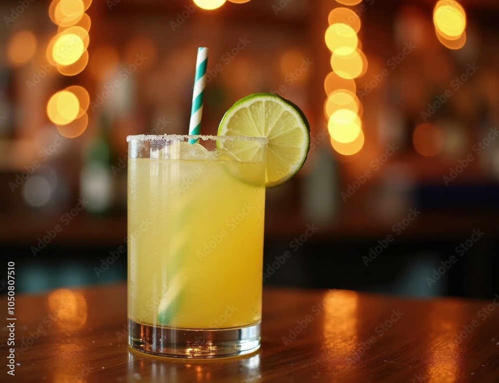 lemon and lime cocktail with a straw at the bar lemon and lime cocktail with a straw at the bar