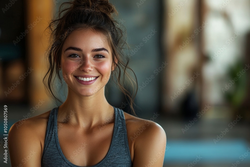Fit woman smiling at the camera in a yoga studio, Generative AI Fit woman smiling at the camera in a yoga studio, Generative AI
