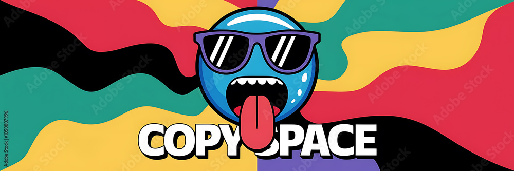 Blue sunglasses cartoon character with red tongue on colorful abstract background Fun playful and energetic design for social media Blue sunglasses cartoon character with red tongue on colorful abstract background Fun playful and energetic design for social media