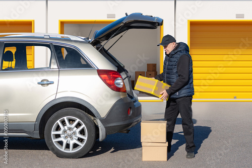 Man takes boxes from storage unit. Guy puts packages in car. Human brought boxes for temporary safekeeping. Man rents self storage unit. Warehouse garages for temporary storage. Pantry, storehouse photo