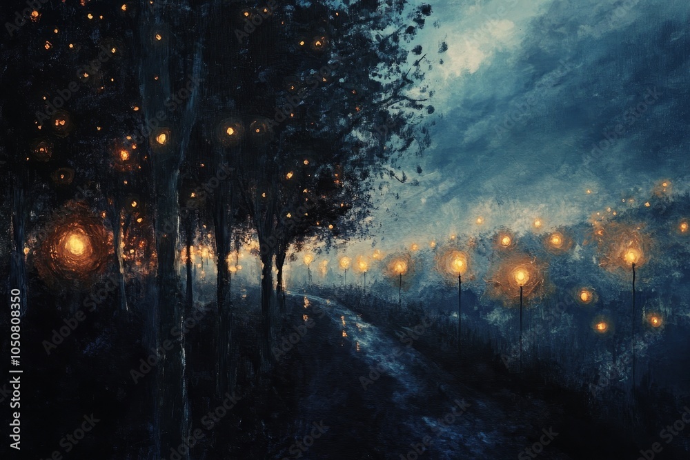 Warm street lamps illuminating a foggy path at night, creating a mysterious and atmospheric scene Warm street lamps illuminating a foggy path at night, creating a mysterious and atmospheric scene