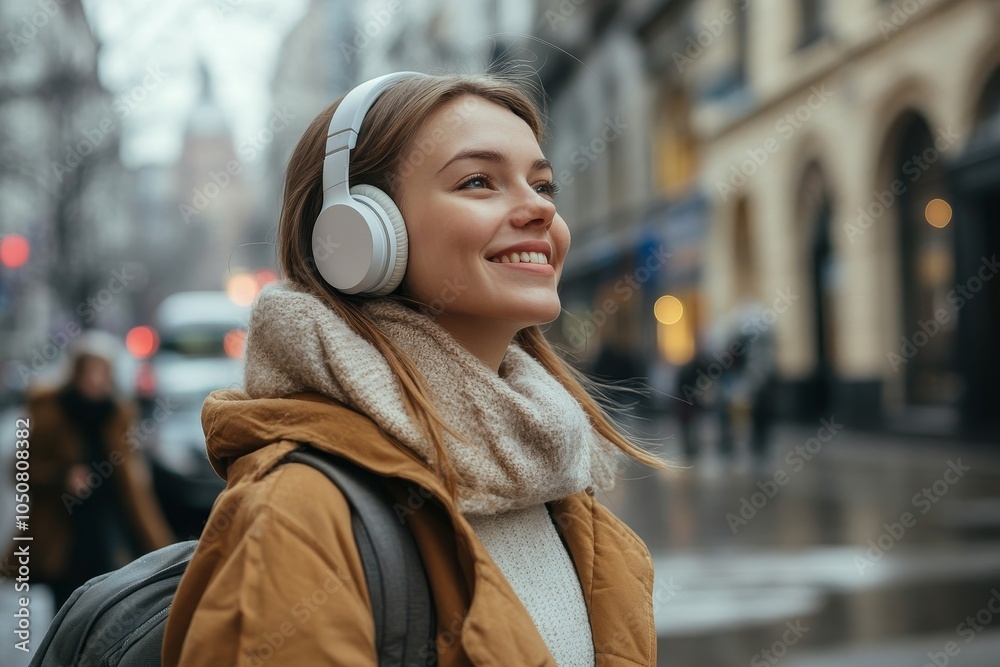 Fototapeta premium Sideview of a cheerful young businesswoman listening to music on her way to work in the city, Generative AI