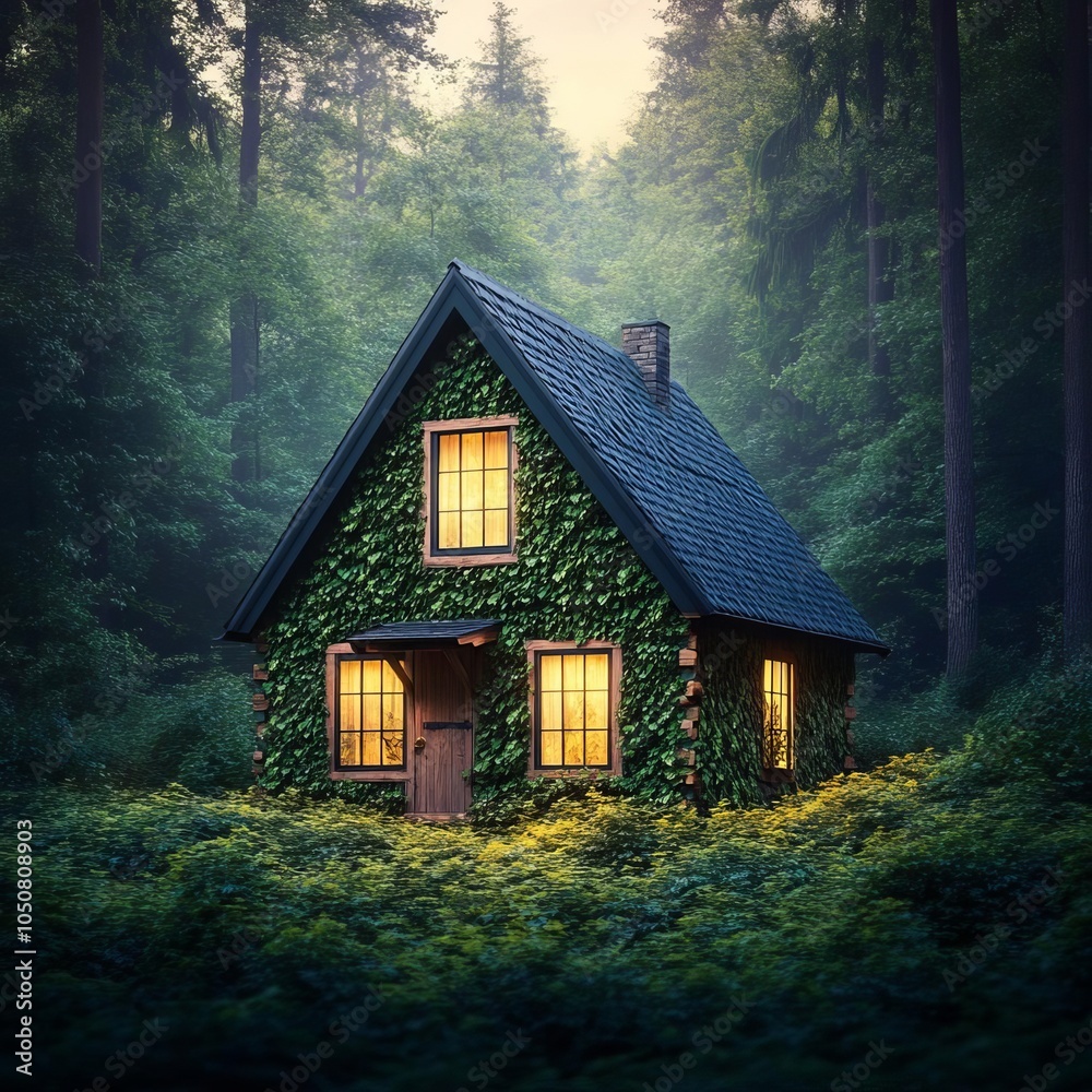Small cabin with ivy-covered walls, nestled in a dense forest, twilight setting Small cabin with ivy-covered walls, nestled in a dense forest, twilight setting
