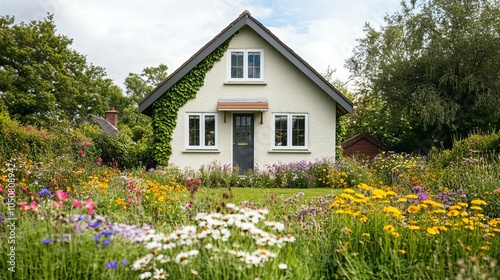 Small house with ivy climbing around, garden full of wildflowers, bright summer day