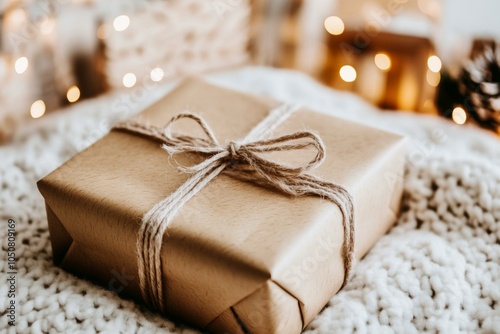 A wrapped gift box with a ribbon placed on a cozy white blanket in a serene setting.