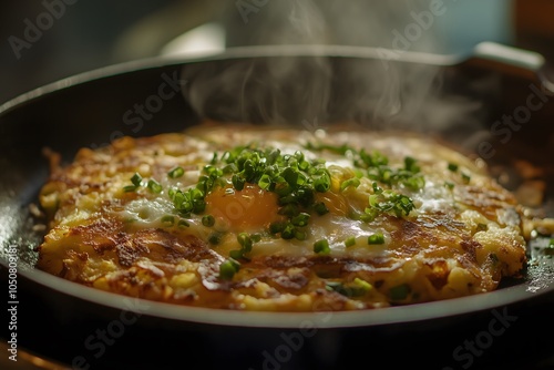 A close-up of a rösti in a pan