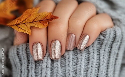 Elegant metallic nail design with autumn leaves in cozy knit sweater setting photo