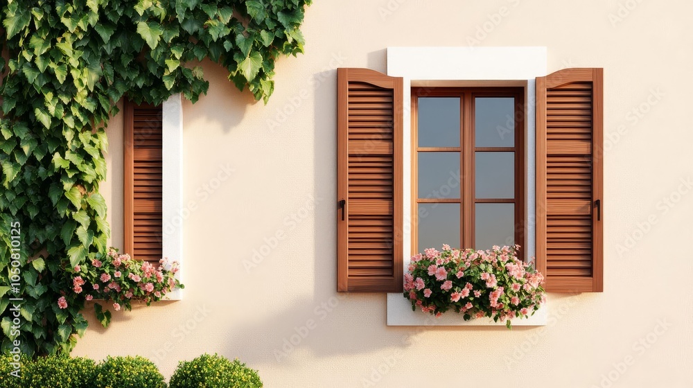 Naklejka premium Traditional house with ivy climbing on wooden shutters, blooming flowers, warm light